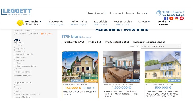 Les biens en ligne sur le site Leggett immobilier