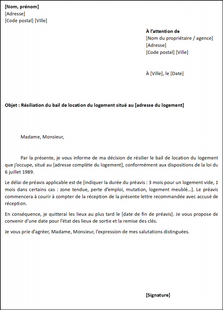 modele lettre resiliation bail location