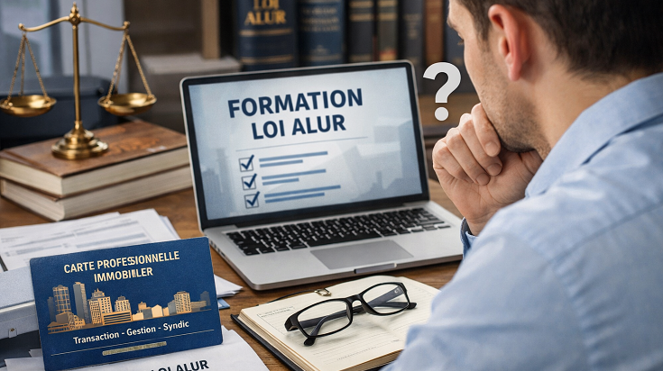 Professionnel de l’immobilier s’interrogeant sur le choix d’une formation Loi ALUR pour le renouvellement de sa carte professionnelle