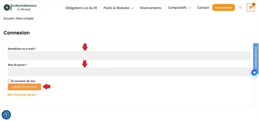 Page de connexion Les formations de Louis avec les champs identifiant et mot de passe