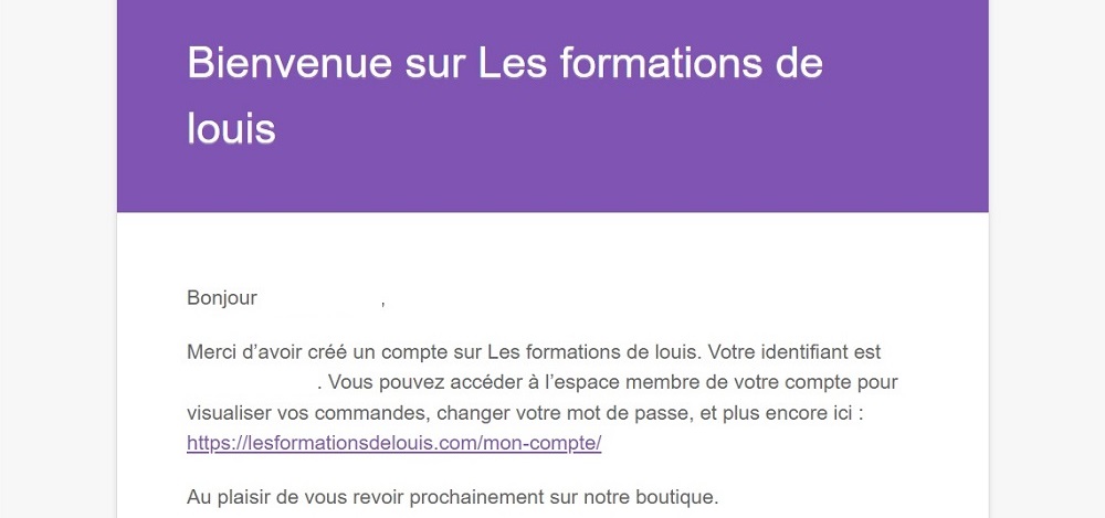 Exemple d’e-mails reçus : création de compte, confirmation de commande et facture