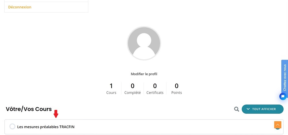 Espace personnel “Vos cours” avec accès au pack ou module acheté