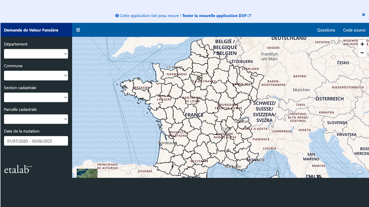 Interface DVF Etalab affichant la carte de France et les filtres de recherche foncière