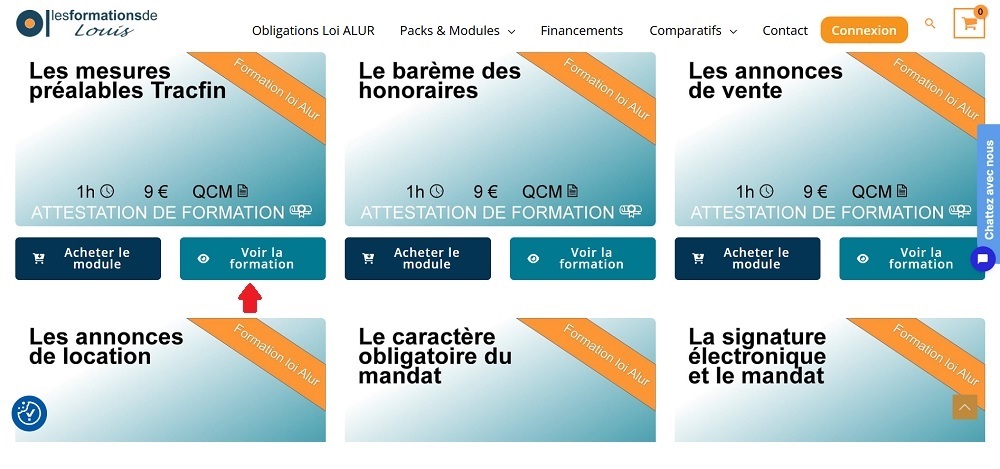 Liste des formations avec le bouton “Voir la formation”