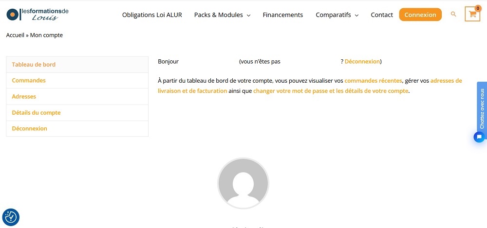 Page Mon compte du site Les formations de Louis avec le tableau de bord utilisateur