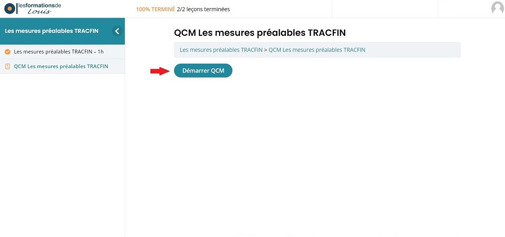 Accès au QCM avec le bouton “Démarrer QCM”