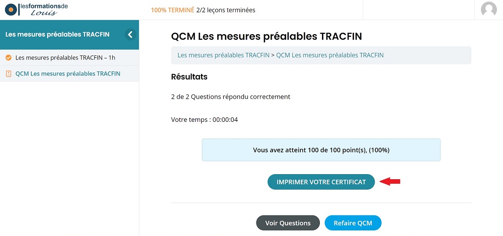 QCM réussi avec le bouton “Imprimer votre certificat” pour télécharger l’attestation