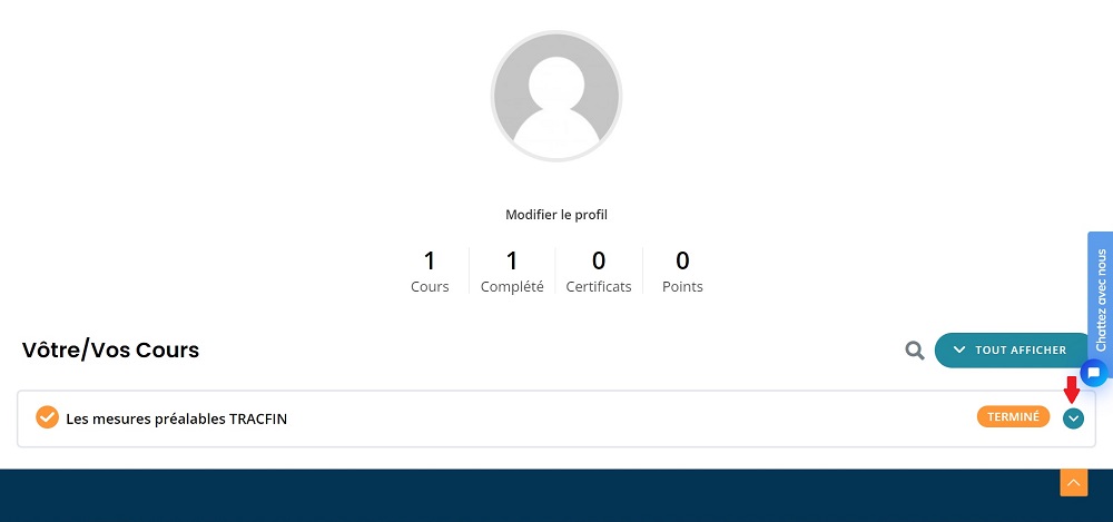 Tableau de bord de formation avec la flèche permettant d’accéder au cours