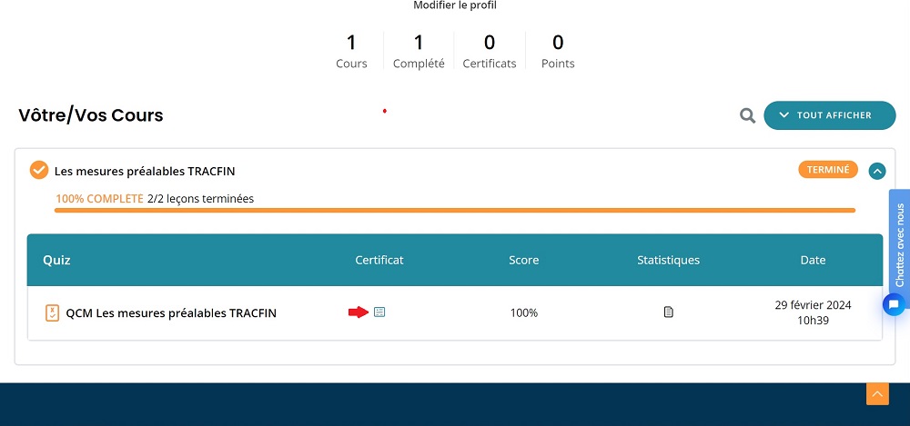 Téléchargement de l’attestation de formation via l’icône enveloppe