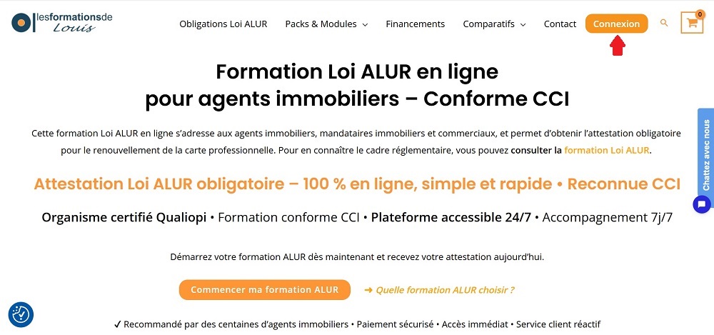 Page d’accueil du site Les formations de Louis avec le bouton Connexion en haut à droite
