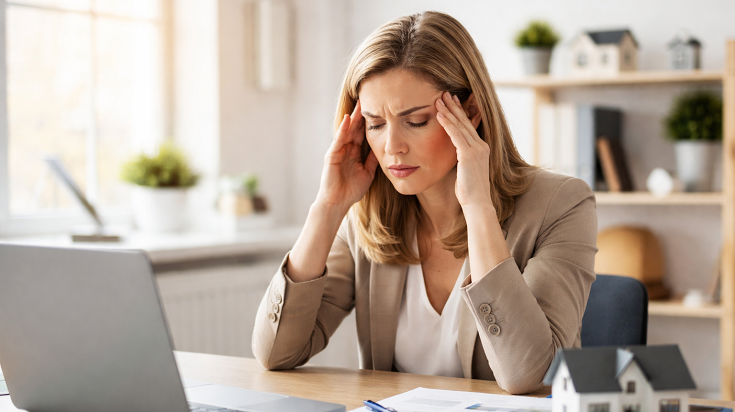 Agent immobilier en situation de surcharge professionnelle, illustrant l’importance de l’organisation et de l’équilibre pour prévenir le stress, la charge mentale et le burn-out.