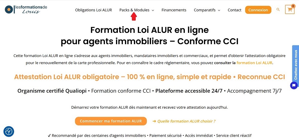 Menu du site Les Formations de Louis avec l’entrée “Packs et modules” pour choisir une formation