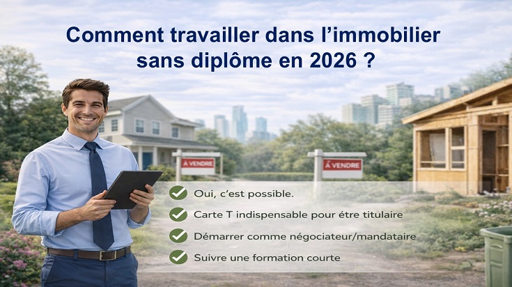 Comment travailler dans l’immobilier sans diplôme en 2026 : agent immobilier devant une maison avec panneau à vendre