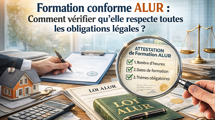 Checklist “Attestation de formation ALUR” sous une loupe, avec documents et éléments liés à l’immobilier et à la conformité légale.