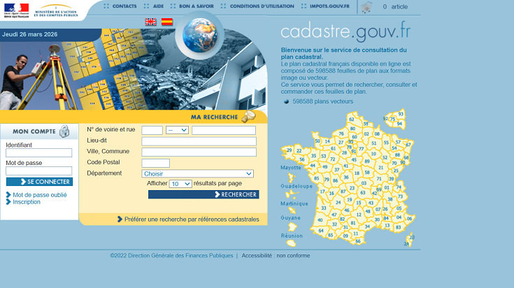 Interface du site cadastre.gouv.fr permettant de rechercher et consulter un plan cadastral en France