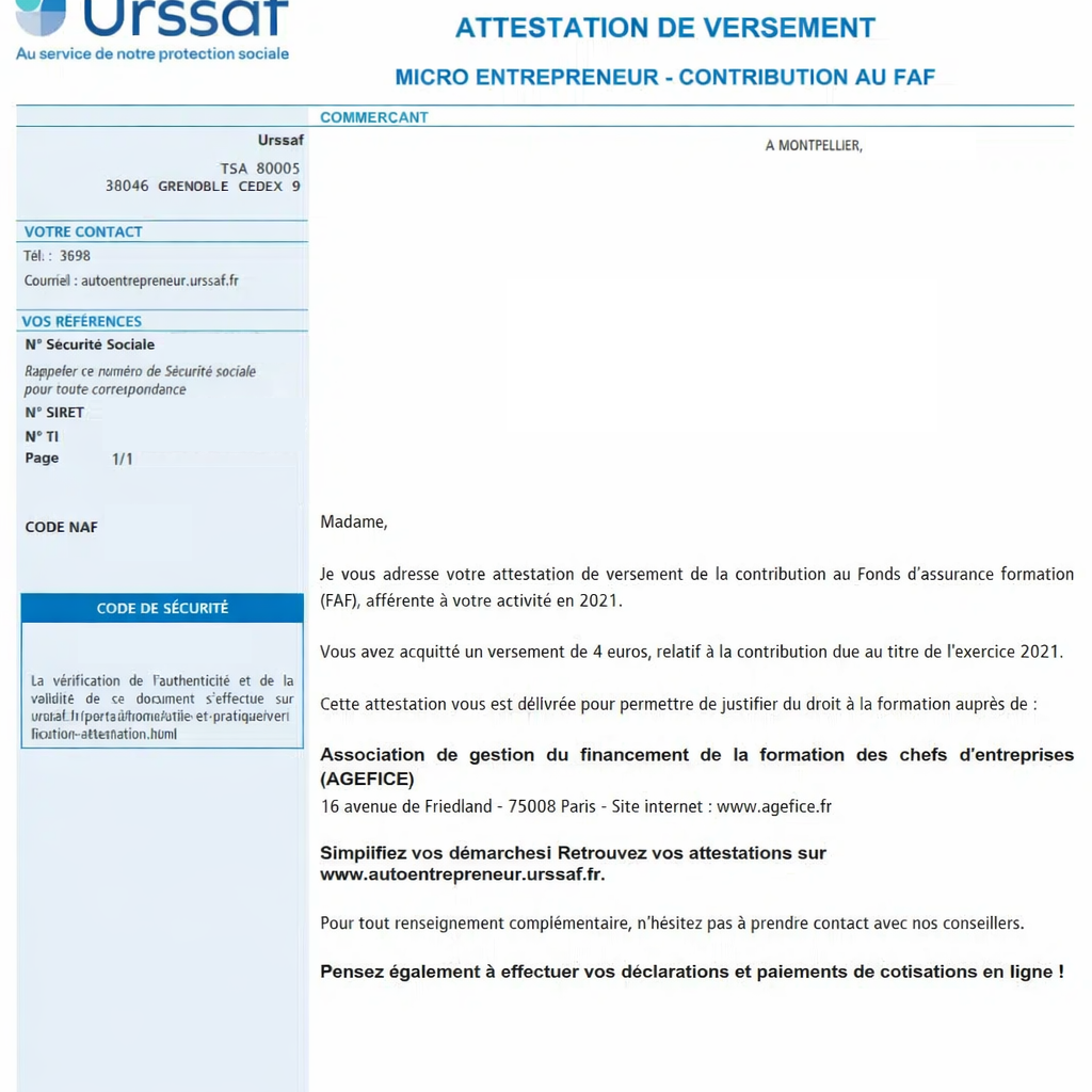 Exemple d’attestation CFP URSSAF de versement contribution formation professionnelle