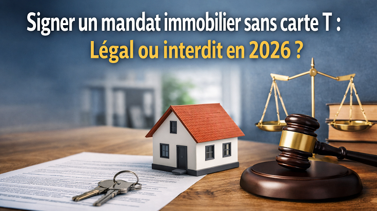 Signature d’un mandat immobilier sans carte T en 2026 avec maison, contrat et symbole juridique illustrant la légalité