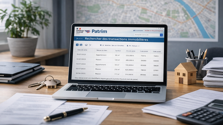 Consultation des prix de vente immobiliers sur Patrim via impots.gouv depuis un ordinateur portable