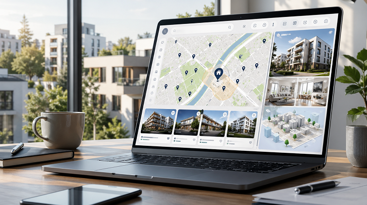 Ordinateur affichant une carte de recherche immobilière avec des annonces géolocalisées dans un espace de travail moderne