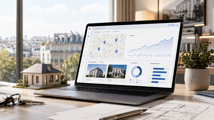 Ordinateur affichant un tableau de bord d’analyse immobilière dans un espace de travail moderne