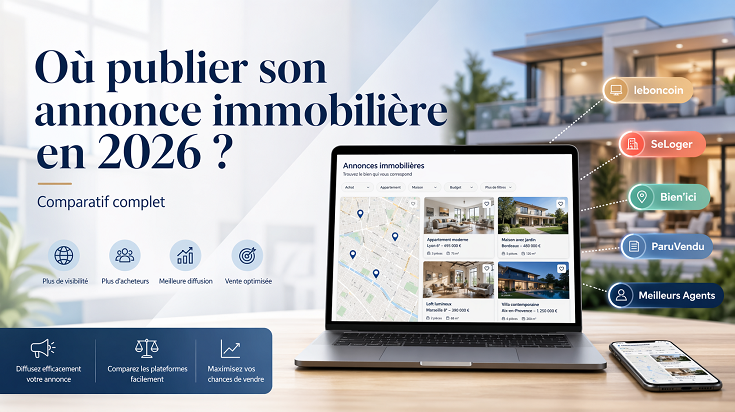 Illustration comparatif des plateformes pour publier une annonce immobilière en 2026 : leboncoin, SeLoger, Bien'ici, ParuVendu et Meilleurs Agents.
