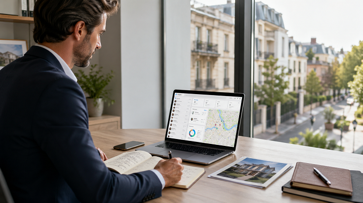 Agent immobilier préparant une stratégie de prospection immobilière en 2026 depuis son bureau