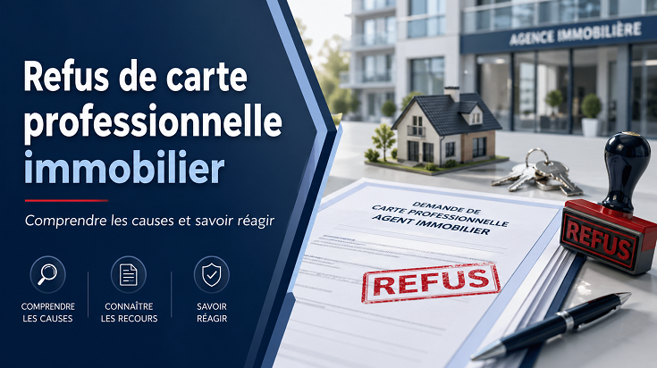 Illustration d’un refus de carte professionnelle immobilier avec dossier, tampon refus, clés et maison miniature