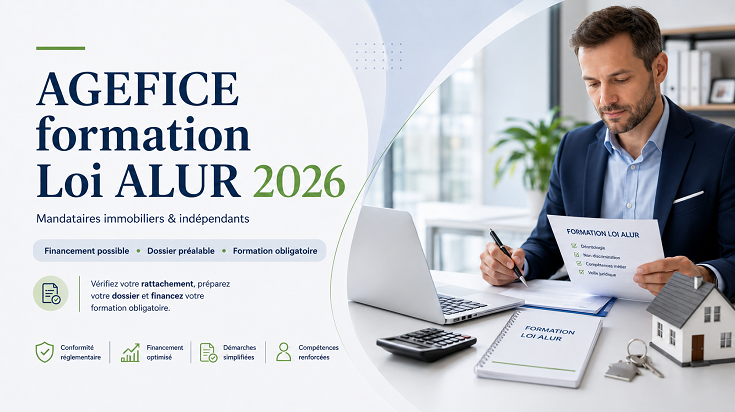 Illustration d’un professionnel de l’immobilier préparant une formation Loi ALUR 2026 avec financement AGEFICE pour mandataire immobilier et indépendant