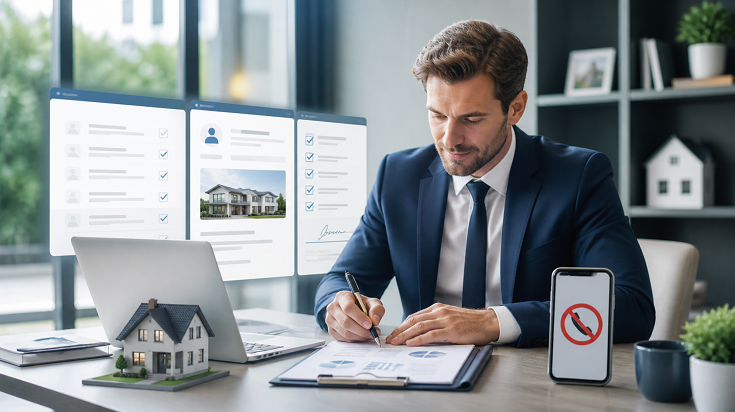 Professionnel de l’immobilier dans un bureau illustrant l’interdiction du démarchage téléphonique en 2026