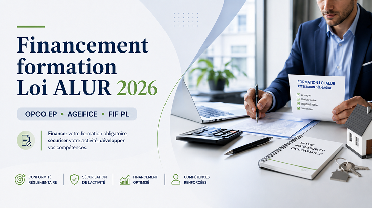 Illustration du financement de la formation Loi ALUR 2026 avec OPCO EP, AGEFICE et FIF PL pour les professionnels de l’immobilier