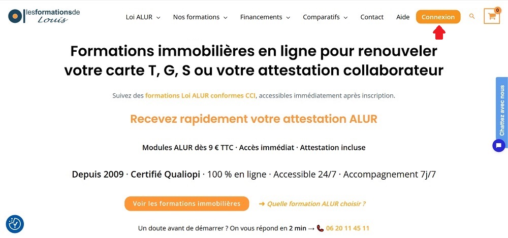 Page d’accueil du site Les formations de Louis avec le bouton Connexion en haut à droite