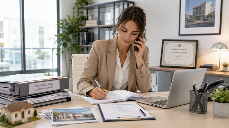 Assistante immobilière préparant des dossiers clients en agence et vérifiant ses obligations de formation ALUR.