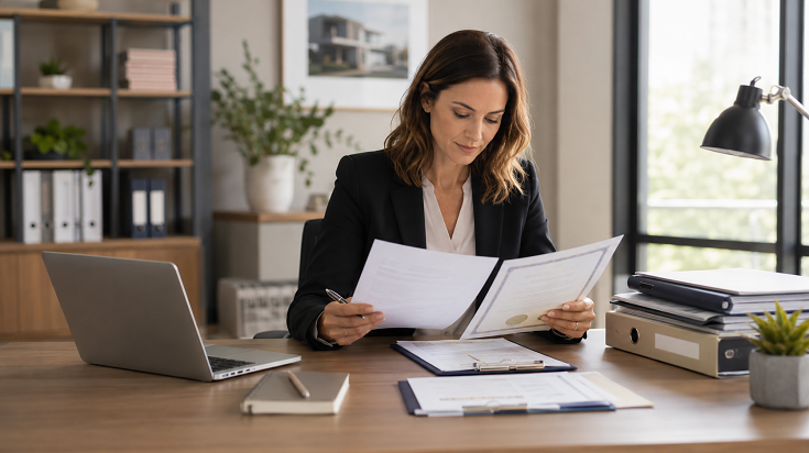 Professionnelle de l’immobilier vérifiant une attestation ALUR complémentaire demandée par la CCI pour régulariser son dossier de renouvellement.