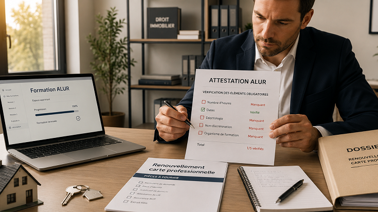 Professionnel de l’immobilier vérifiant une attestation ALUR incomplète avant l’envoi de son dossier CCI pour le renouvellement de sa carte professionnelle.