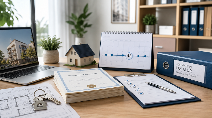 Bureau d’agence immobilière avec attestations de formation, calendrier 42 heures loi ALUR, checklist de conformité et classeur de suivi.