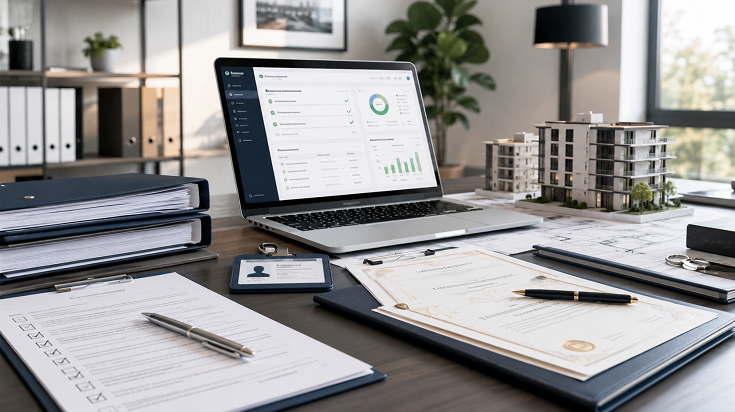 Bureau avec dossiers, checklist et tableau de suivi pour les audits conformité immobilier