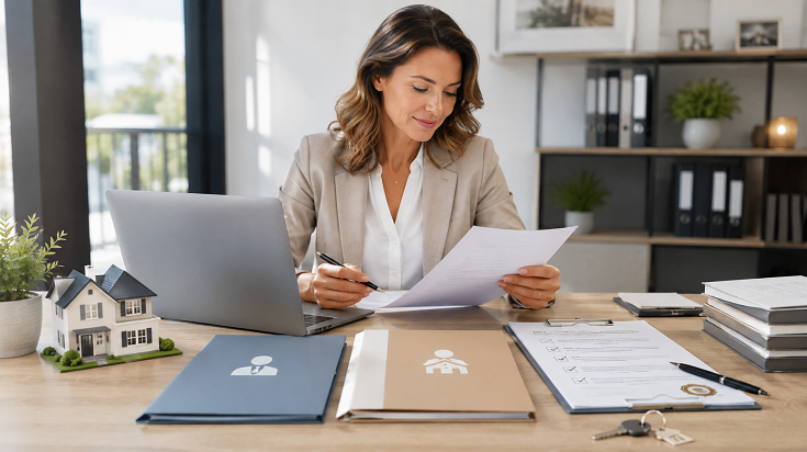 Professionnelle de l’immobilier vérifiant ses documents et attestations ALUR lors d’un changement de statut immobilier.