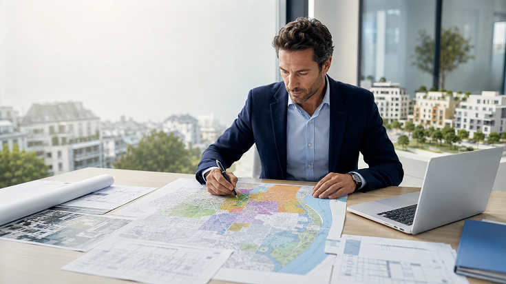 Agent immobilier en train d’analyser un plan local d’urbanisme (PLU) et des documents d’urbanisme dans un bureau