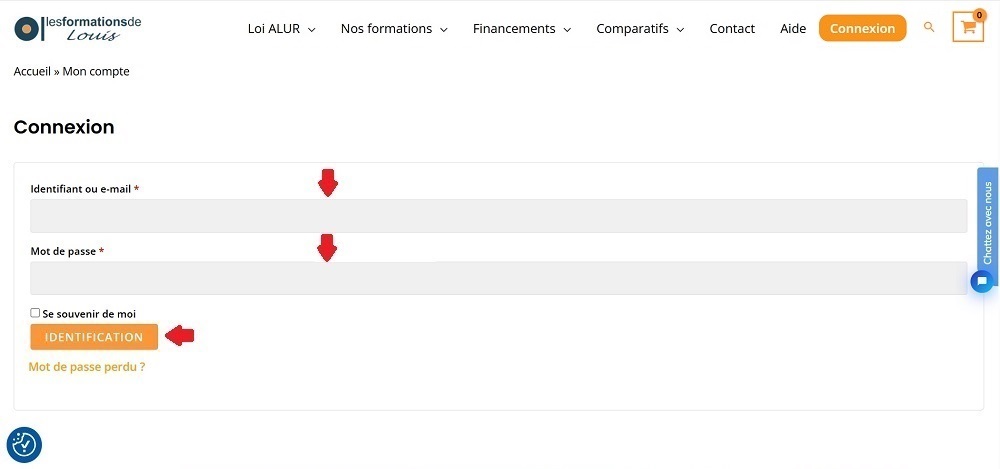 Formulaire de connexion à l’espace personnel avec les champs e-mail et mot de passe