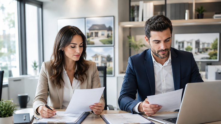 Deux associés d’agence immobilière consultant leurs dossiers de formation ALUR individuels dans un bureau professionnel.