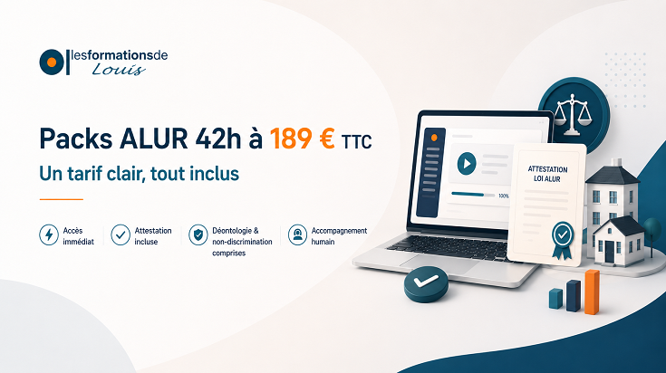 Bannière présentant les packs ALUR 42h à 189 € TTC avec accès immédiat, attestation incluse, déontologie, non-discrimination et accompagnement humain