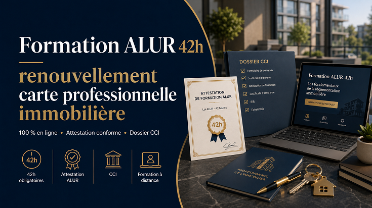 Illustration d’une formation ALUR 42h en ligne pour le renouvellement de la carte professionnelle immobilière avec attestation conforme et dossier CCI.