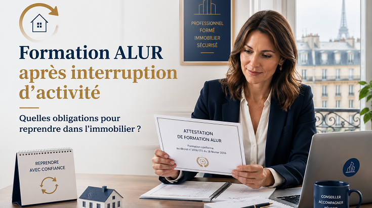 Professionnelle de l’immobilier consultant une attestation de formation ALUR après une interruption d’activité.