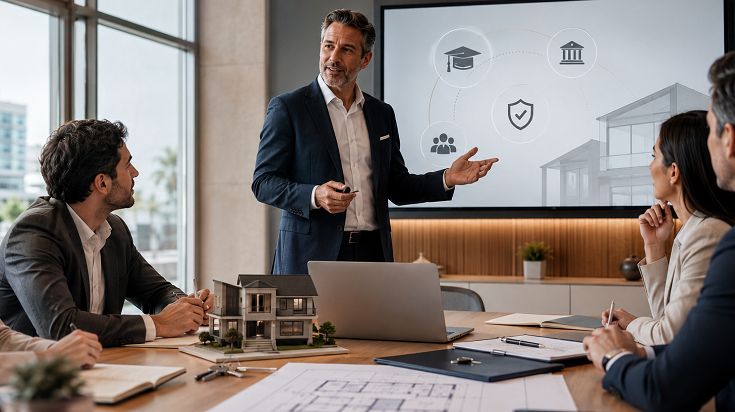 Formateur présentant la formation initiale obligatoire à des collaborateurs immobiliers en 2026 dans une agence immobilière moderne