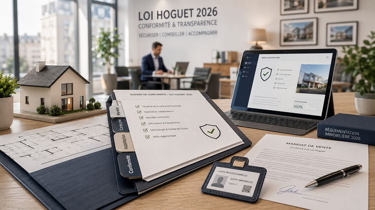 Dossier de conformité Loi Hoguet 2026 avec mandat de vente, carte professionnelle et checklist en agence immobilière