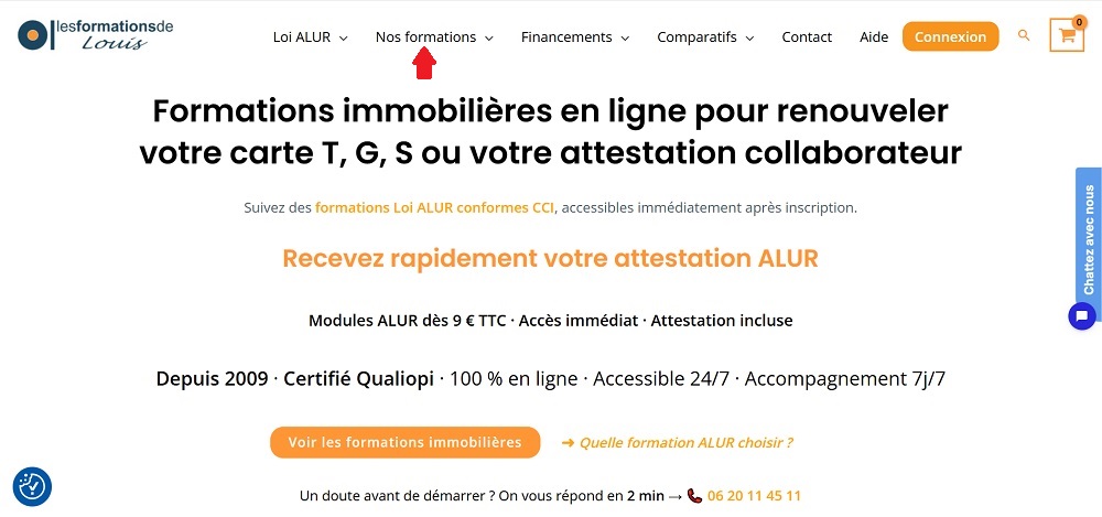 Menu du site Les Formations de Louis avec l’entrée “Packs et modules” pour choisir une formation