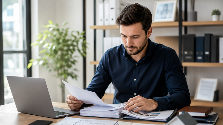 Micro-entrepreneur immobilier consultant ses dossiers et ses obligations de formation ALUR dans un bureau professionnel.