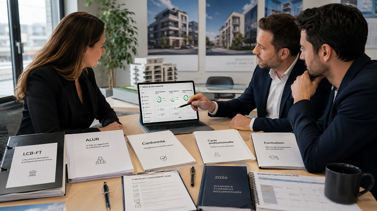 Professionnels de l’immobilier analysant un tableau de conformité réglementaire 2026 en agence