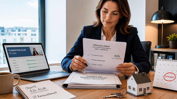Professionnelle de l’immobilier préparant son dossier de renouvellement de carte professionnelle avec formation ALUR 42h en ligne.