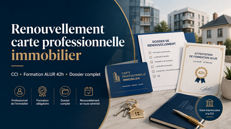 Illustration du renouvellement de la carte professionnelle immobilier avec dossier CCI, attestation de formation ALUR 42h et checklist des pièces à fournir.